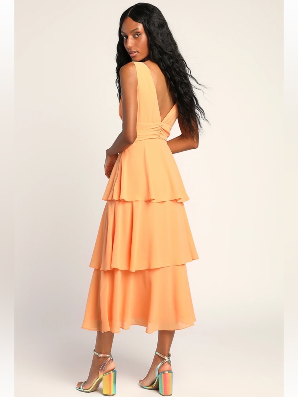 Lulu's Celebration Time Light Orange Tiered Midi Dress - Picture 3 of 7